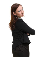 Obraz premium Closeup portrait of cute young business woman isolated on white