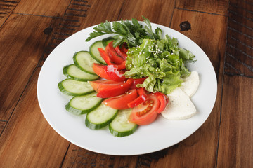 vegetable mix (salad, cucumber, tomato, parsley) and mozzarella cheese on a white plate. cold vegetables appetizer. wooden background.