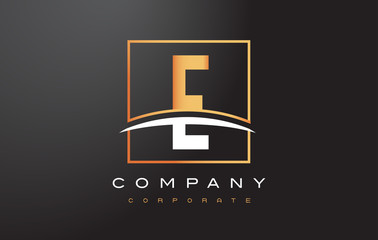 E Golden Letter Logo Design with Gold Square and Swoosh.