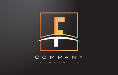 F Golden Letter Logo Design with Gold Square and Swoosh.