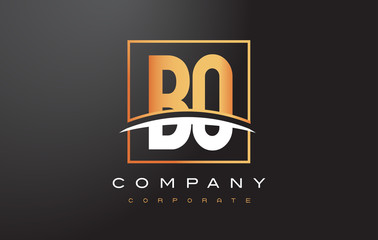 BO B O Golden Letter Logo Design with Gold Square and Swoosh.