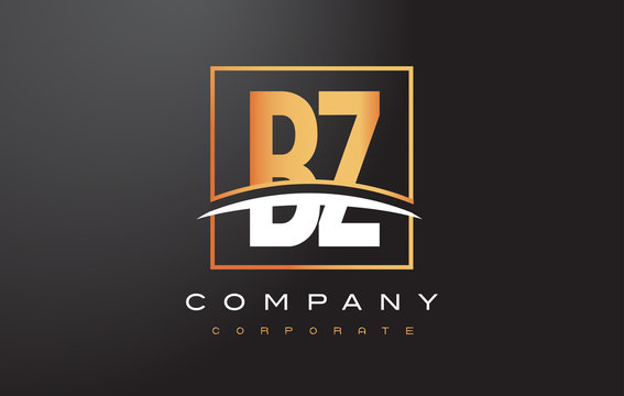 BZ B Z Golden Letter Logo Design with Gold Square and Swoosh.