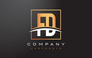 Naklejka premium FD F D Golden Letter Logo Design with Gold Square and Swoosh.