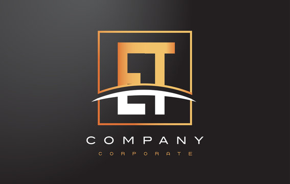 ET E T Golden Letter Logo Design with Gold Square and Swoosh.
