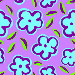 Summer seamless pattern with leaves and flowers in sketchy style.