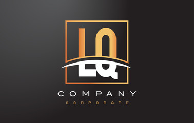 LQ L Q Golden Letter Logo Design with Gold Square and Swoosh.