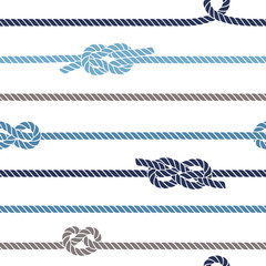 Seamless marine pattern with knots and rope. Vector sea illustration with rope ornament and nautical knots. - obrazy, fototapety, plakaty