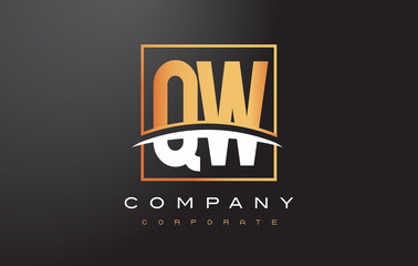 QW Q W Golden Letter Logo Design with Gold Square and Swoosh.