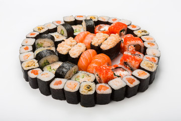 Set of sushi, maki and rolls isolated on white