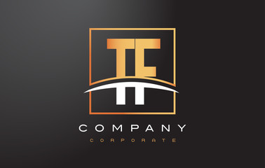 TF T F Golden Letter Logo Design with Gold Square and Swoosh.