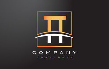 TT T Golden Letter Logo Design with Gold Square and Swoosh.