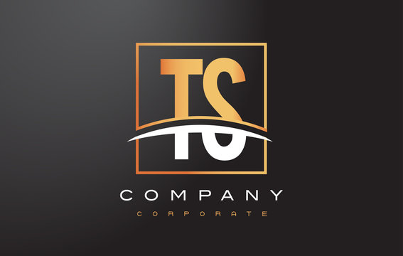 TS T S Golden Letter Logo Design with Gold Square and Swoosh.