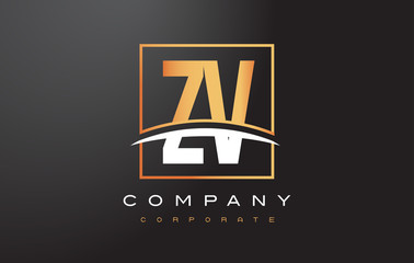 ZV Z V Golden Letter Logo Design with Gold Square and Swoosh.