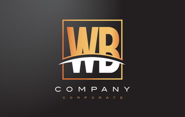 WB W B Golden Letter Logo Design with Gold Square and Swoosh.