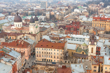Fototapeta na wymiar Market Square and surrounding historic buildings in the center of old Lvov, Ukraine 