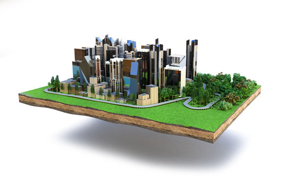 Image of a modern city surrounded by nature landscape 3d render on white