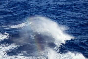 Spray rainbow from deep ocean waves