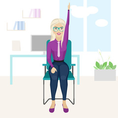Pretty blonde woman is doing exercise on the office chair.
