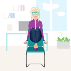 Pretty blonde woman is doing exercise on the office chair.