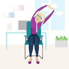 Pretty blonde woman is doing exercise on the office chair.