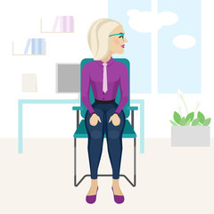 Pretty blonde woman is doing exercise on the office chair.