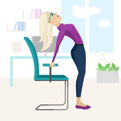 Pretty blonde woman is doing exercise on the office chair.