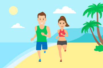 sport couple man and woman running on the beach
