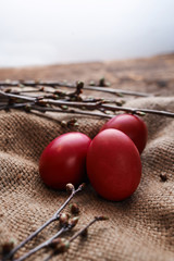 Three Easter eggs, spring branches on the material from the bag