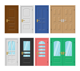 Naklejka premium colored wooden and plastic doors set on white background