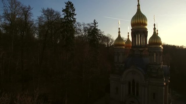 Orthodox church of Wiesbaden. The russian orthodox church at sunrise. The chappel is lit by morning light.
