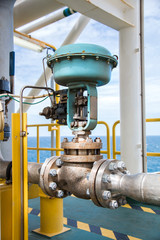 Control valve,Pneumatic operate  valve by PLC control  at offshore oil and gas central processing platform, manual valve