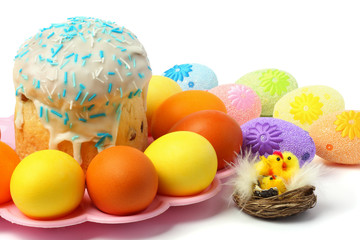 Easter Cake with painted eggs - Russian and Ukrainian Traditional Kulich, Paska Easter Bread isolated on white background