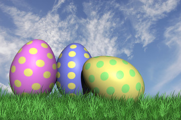 3D. Three speckled easter eggs