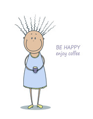 Funny cute smiling girl in a blue dress with curly hair and with a cup of coffe in her hands