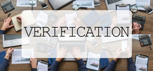 Composition (set) pictures of office subjects with text VERIFICATION. The man (businessman, manager, student) working at office table (writes, calls, calculates, analyzes)