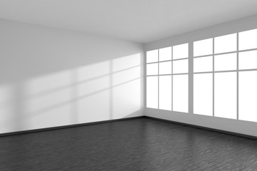 Empty room with black parquet floor, white walls and window