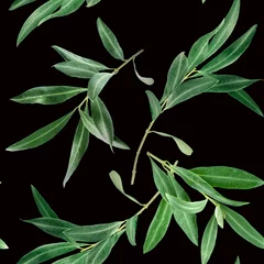 Foto auf Acrylglas Olivenbaum Seamless pattern with olive tree branches on black