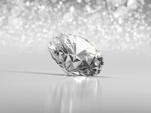 Diamond placed on clean background with light bokeh 3D illustration