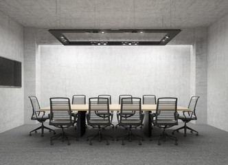 Minimal concrete conference room with black chairs