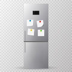 Blank paper and stick paper on refrigerator door. Fridge isolated on white background. Vector illustration. 