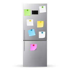 Blank paper and stick paper on refrigerator door. Fridge isolated on white background. Vector illustration. 