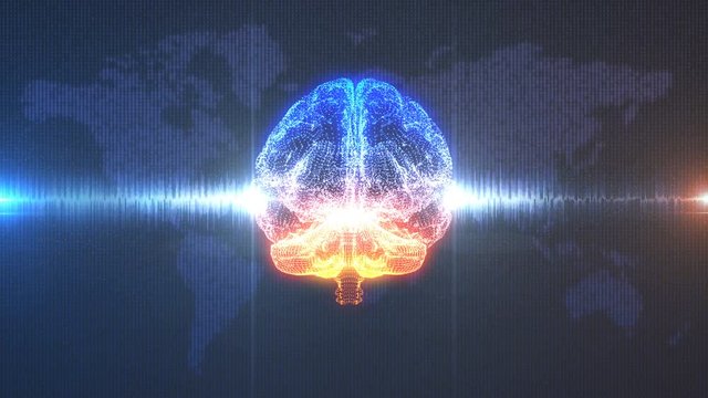 Brainwave - animated CGI brain image with pulse of electrical energy flowing into it against map of the world rendered in digital data