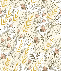 Vector floral seamless pattern in doodle style with flowers and leaves. Gentle, summer floral background.