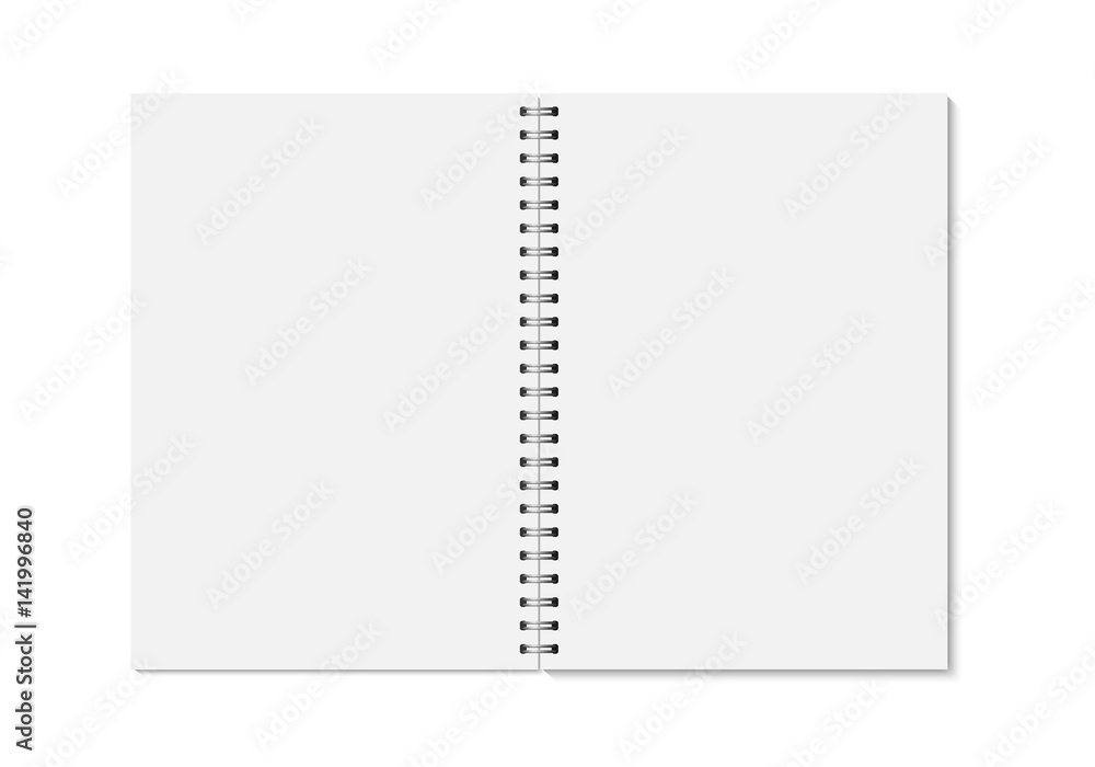 Poster vector realistic opened notebook. vertical blank copybook with metallic silver spiral. template (moc
