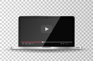 Realistic modern laptop isolated. Video player template. Vector illustration