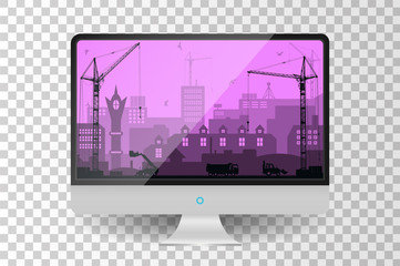 Realistic metallic modern TV monitor isolated. City under construction background. Vector illustration