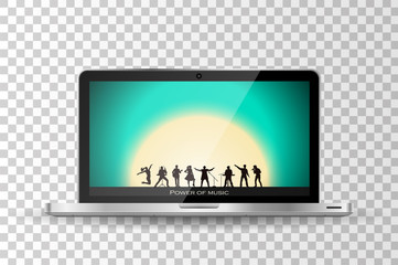 Realistic modern laptop isolated. Band show on sunset background. Vector illustration