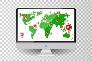 Realistic metallic modern TV monitor isolated. World map with pins. Vector stock illustration