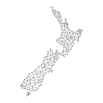 Map of New Zealand from polygonal black lines and dots of vector illustration