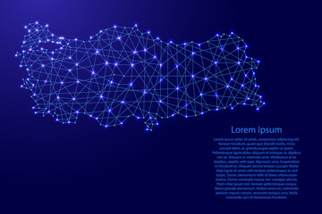 Map of Turkey from polygonal blue lines and glowing stars vector illustration